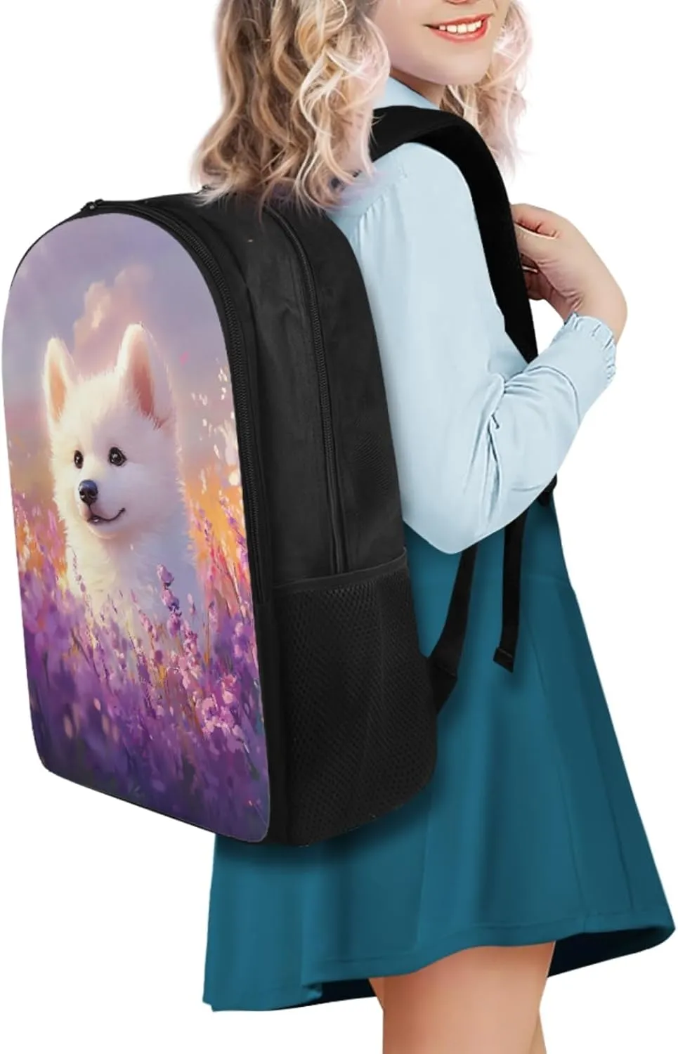 Cute Dog Backpack Girls 6-8, Kawaii Backpacks with Matching Lunchbox Adorable Pencil Case and Water Bottle Holder 4 PCS Set Art Study Supplies Fashion Schoolbag Set for Kids Back to School