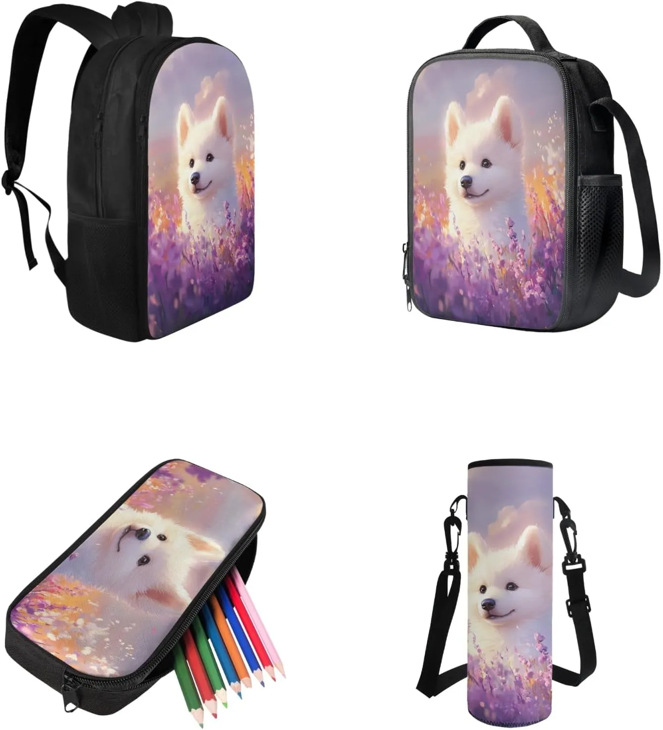 Cute Dog Backpack Girls 6-8, Kawaii Backpacks with Matching Lunchbox Adorable Pencil Case and Water Bottle Holder 4 PCS Set Art Study Supplies Fashion Schoolbag Set for Kids Back to School