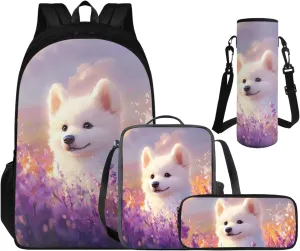 Cute Dog Backpack Girls 6-8, Kawaii Backpacks with Matching Lunchbox Adorable Pencil Case and Water Bottle Holder 4 PCS Set Art Study Supplies Fashion Schoolbag Set for Kids Back to School