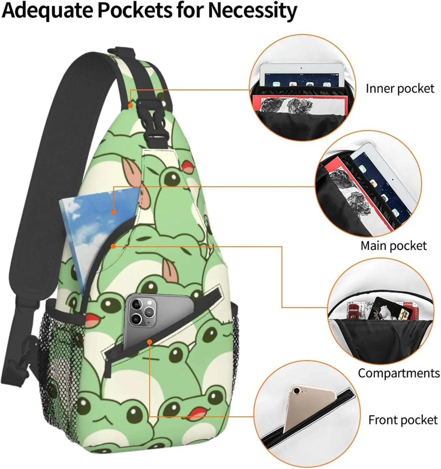 cute frog Chest Crossbody Multipurpose Crossbody Sling Backpack Premium Chest Crossbody Casual Crossbody Bags Daypack