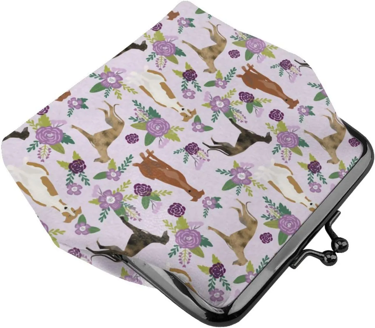 Cute Greyhound Dog Puppy Lovers Print Coin Purses For Women Pu Leather Vintage Buckle Coin Kiss-Lock Change Purse Card Holder Pouch Wallets Small Makeup Bag Pink Flowers Florals Handbag Birthday Gifts