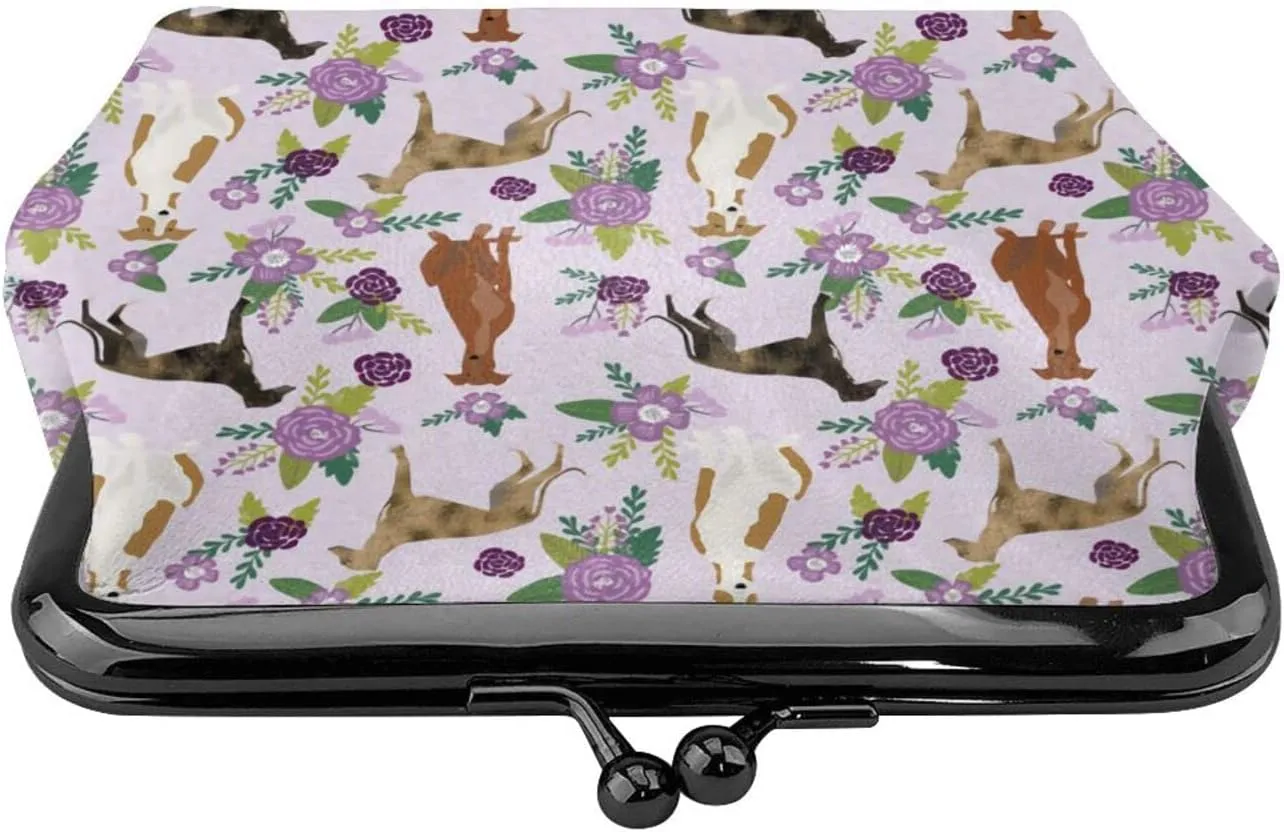 Cute Greyhound Dog Puppy Lovers Print Coin Purses For Women Pu Leather Vintage Buckle Coin Kiss-Lock Change Purse Card Holder Pouch Wallets Small Makeup Bag Pink Flowers Florals Handbag Birthday Gifts
