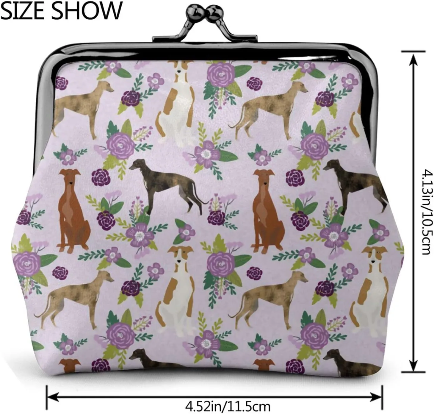 Cute Greyhound Dog Puppy Lovers Print Coin Purses For Women Pu Leather Vintage Buckle Coin Kiss-Lock Change Purse Card Holder Pouch Wallets Small Makeup Bag Pink Flowers Florals Handbag Birthday Gifts