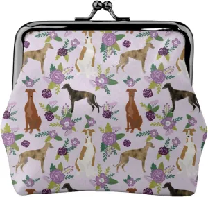 Cute Greyhound Dog Puppy Lovers Print Coin Purses For Women Pu Leather Vintage Buckle Coin Kiss-Lock Change Purse Card Holder Pouch Wallets Small Makeup Bag Pink Flowers Florals Handbag Birthday Gifts