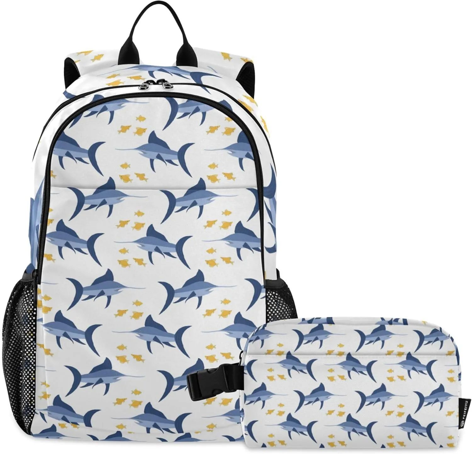 Cute Swordfishes and Small Fishes Backpack with Lunch Bag, School Travel Backpack for Boys Girls Kids Backpacks Set