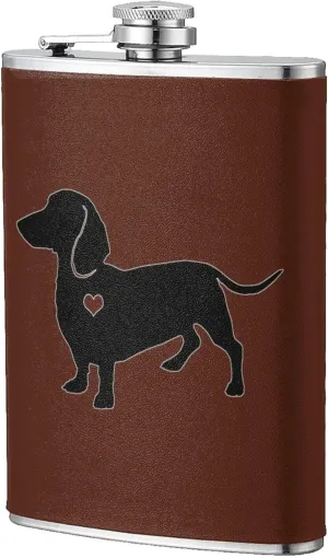 Dachshund Silhouette Classic Hip Flask 8 Oz, Stainless Steel Leakproof Hip Flask, Leather Wrapped With Lid
