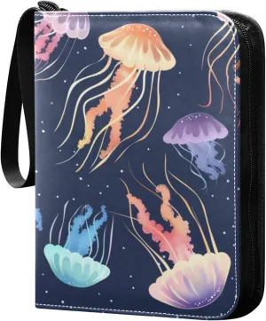 Deep Sea Colorful Jellyfish Card Binder 4 Pocket Trading Card Binder Portable Cards Collection Book with Zipper