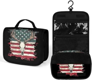 Deer Skull U.S. Flag Makeup Bag Portable Hanging Organizer for Travel Wash Bags With Handle And Divider