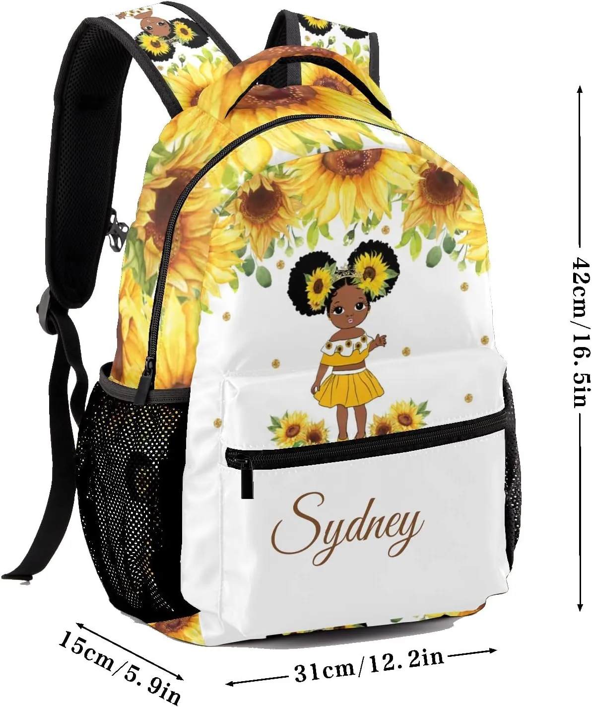 Deven Black African Girl Sunflower Personalized Kids Backpack for Boy/Girl Teen Primary School Daypack Travel Bag Bookbag