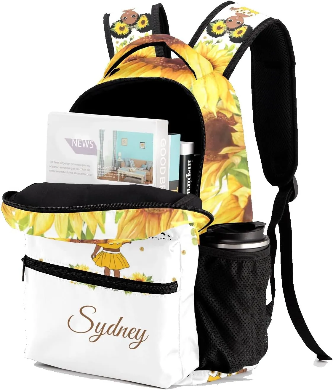 Deven Black African Girl Sunflower Personalized Kids Backpack for Boy/Girl Teen Primary School Daypack Travel Bag Bookbag