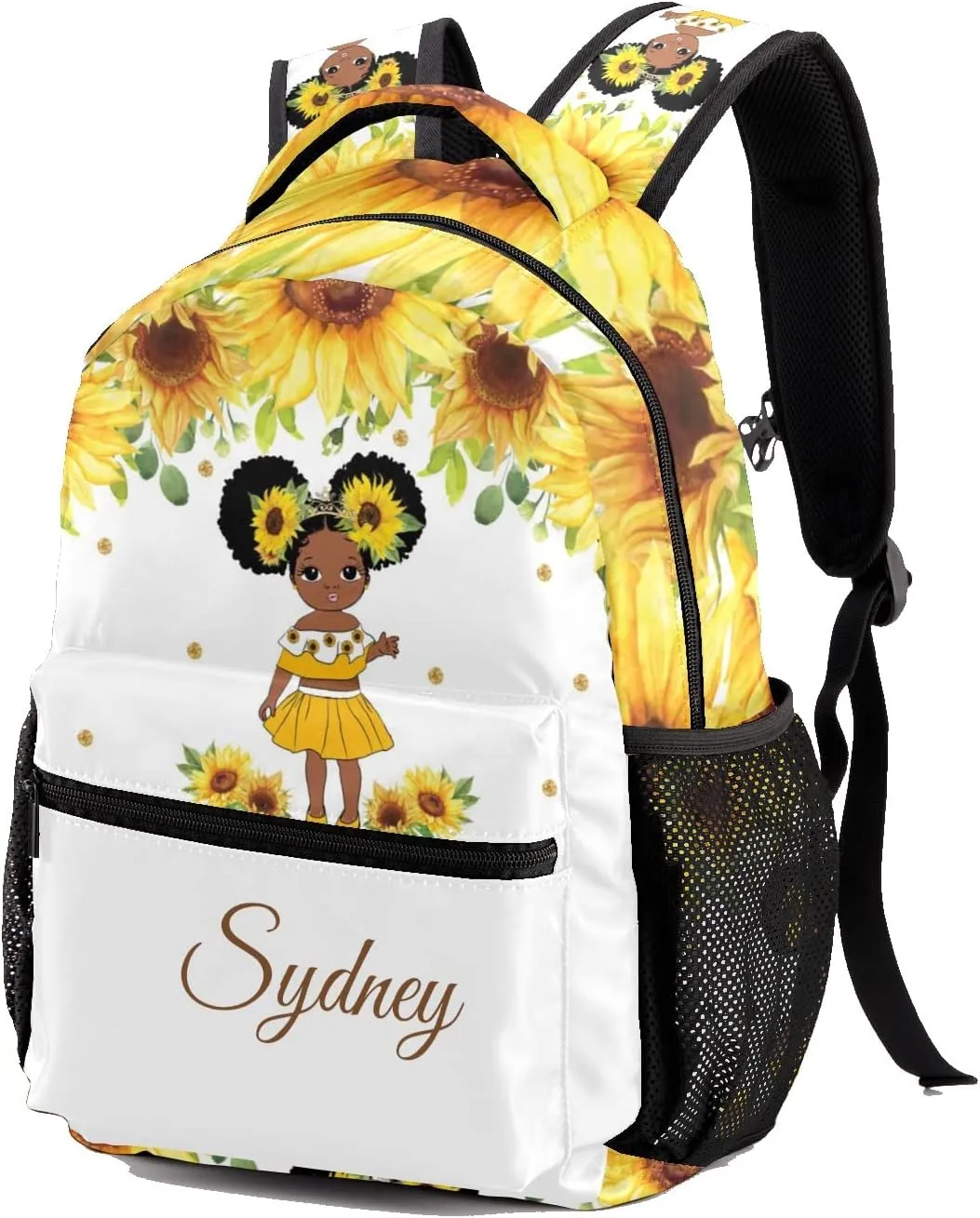 Deven Black African Girl Sunflower Personalized Kids Backpack for Boy/Girl Teen Primary School Daypack Travel Bag Bookbag