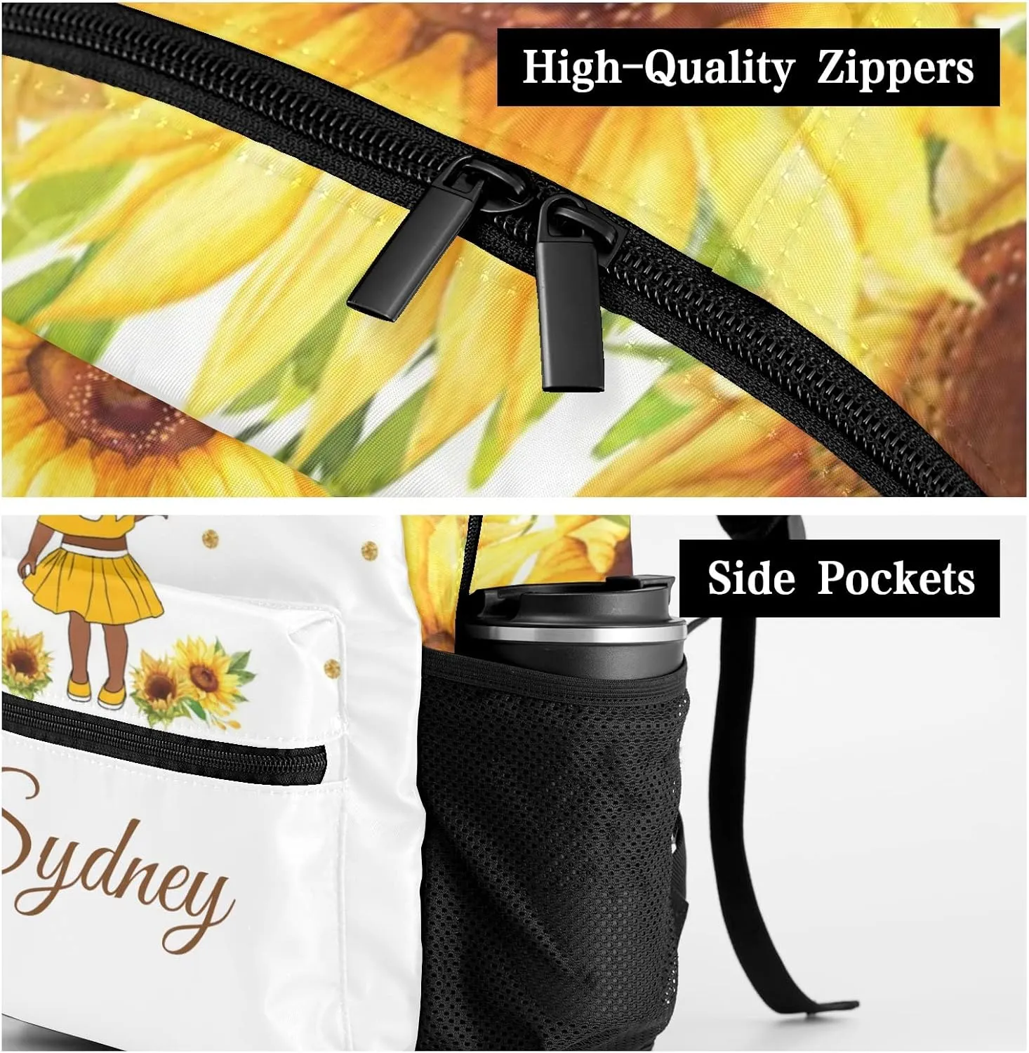 Deven Black African Girl Sunflower Personalized Kids Backpack for Boy/Girl Teen Primary School Daypack Travel Bag Bookbag