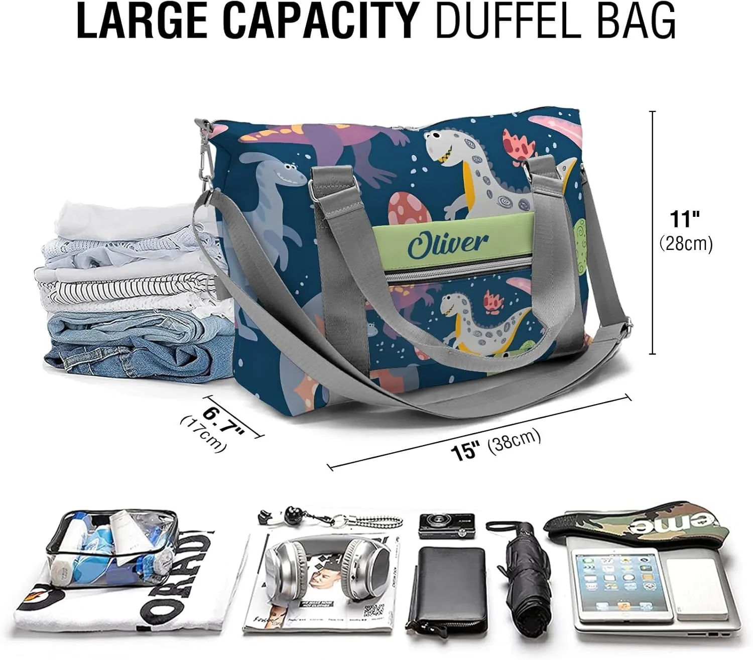 Dinosaur Print Space Personalized Gym Dance Bag for Girls Boys,Custom Name Sport Duffel Bag Weekender Bags Carry On Travel Duffel Bag