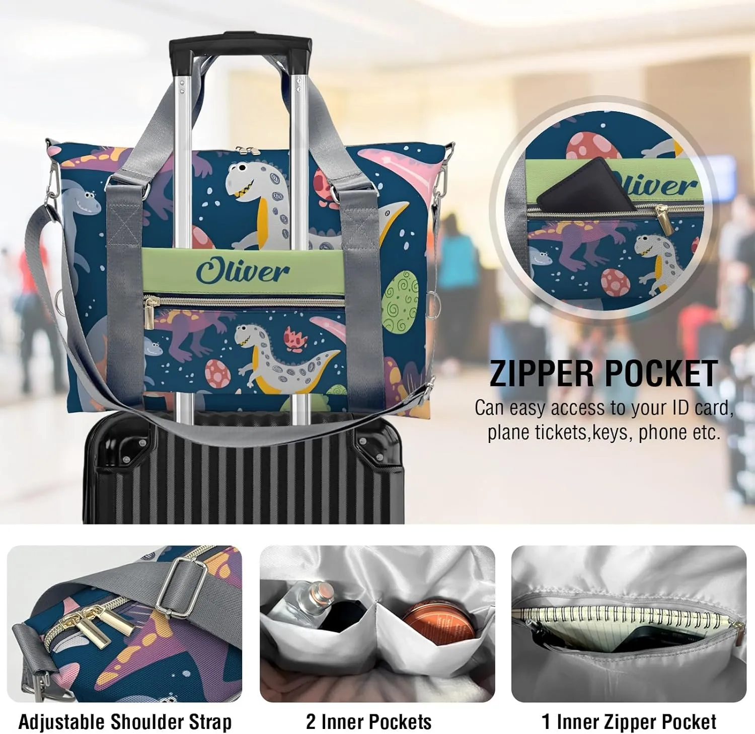 Dinosaur Print Space Personalized Gym Dance Bag for Girls Boys,Custom Name Sport Duffel Bag Weekender Bags Carry On Travel Duffel Bag