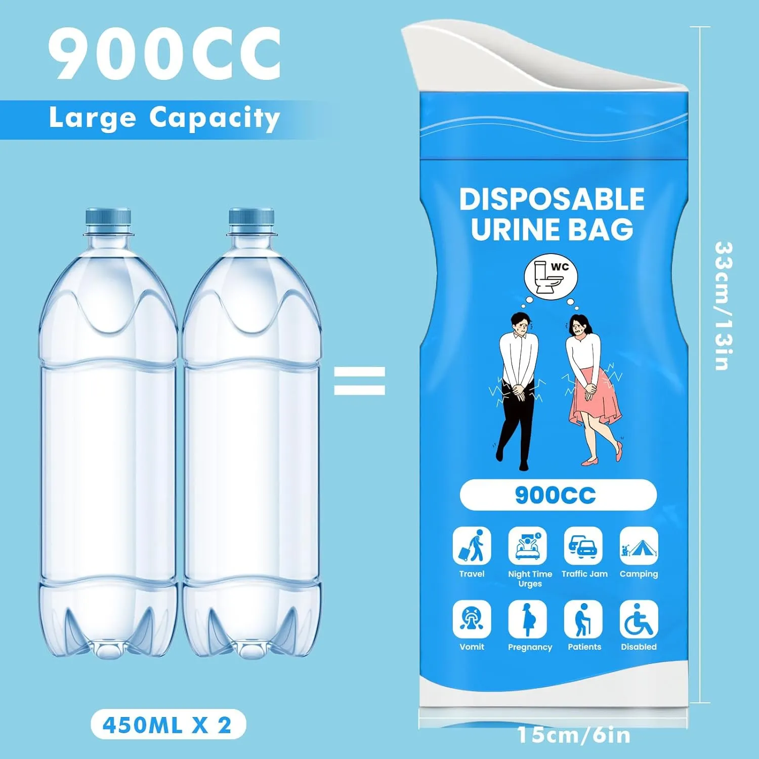 Disposable Urine Bags, 900ML Pee Bags for Women Men Emergency Use, 8/12/24 Pcs Unisex Urine Vomit Bag for Camping, Hiking, Traffic Jams, Road Trips, Pregnant, Patients