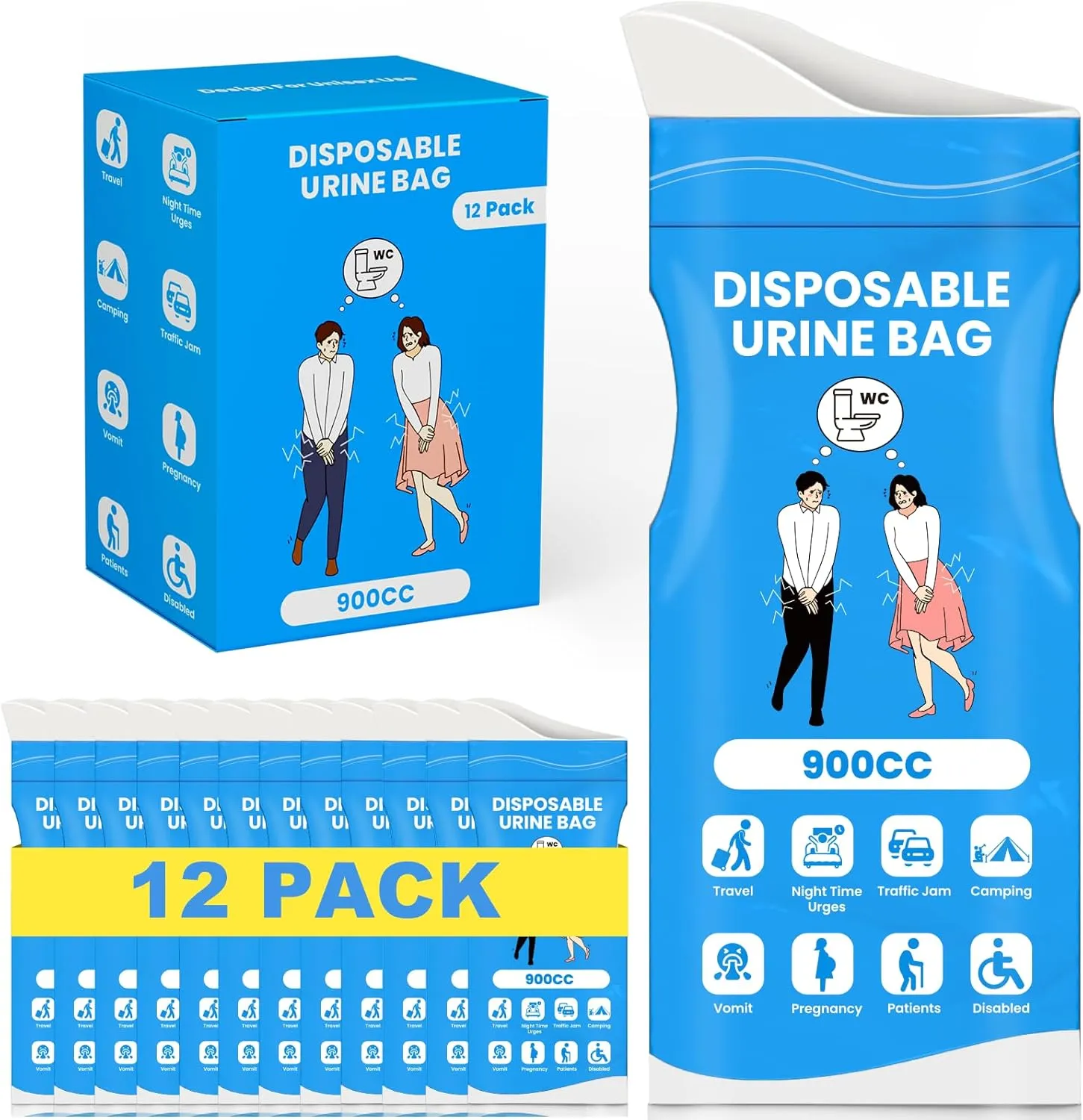 Disposable Urine Bags, 900ML Pee Bags for Women Men Emergency Use, 8/12/24 Pcs Unisex Urine Vomit Bag for Camping, Hiking, Traffic Jams, Road Trips, Pregnant, Patients