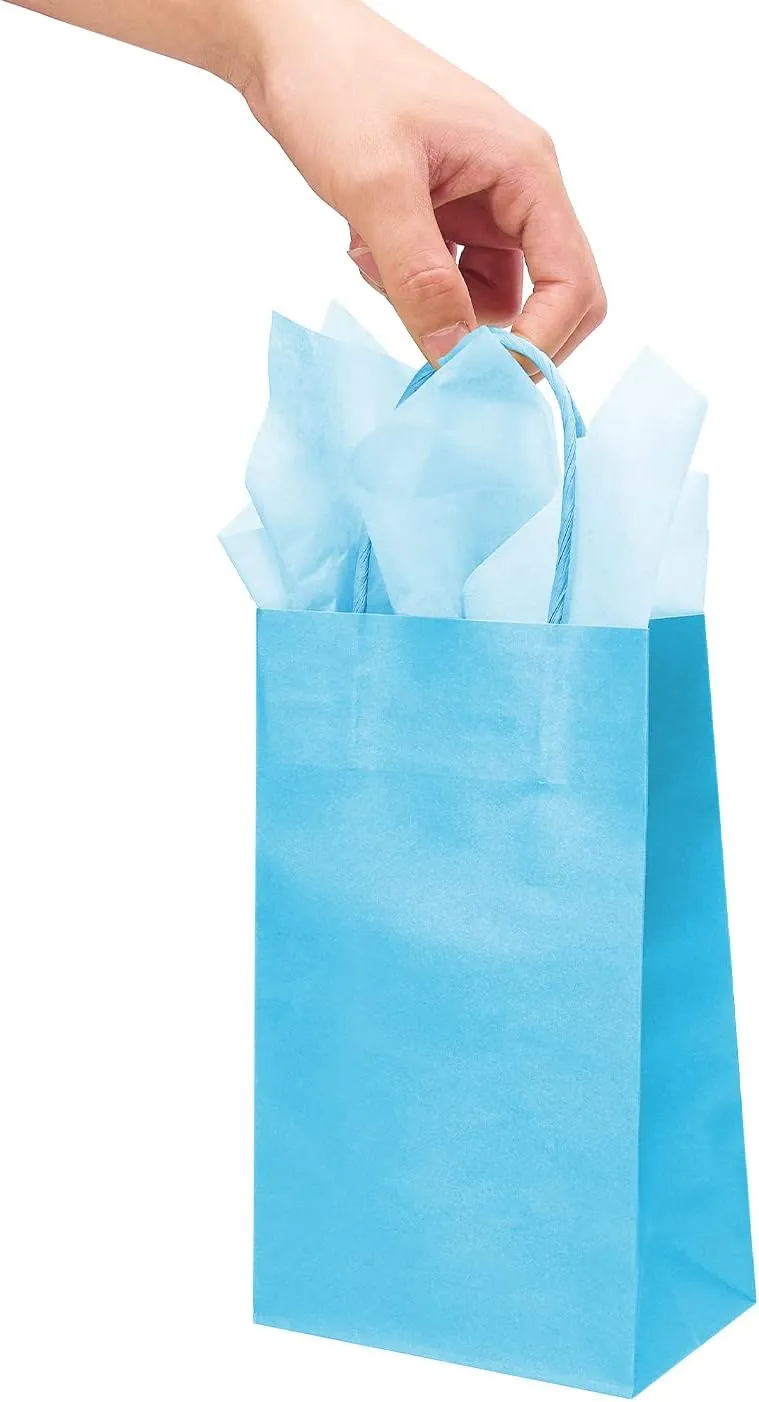 DjinnGlory 24 Pack Small Blue Paper Gift Bags with Handles 9x5.5x3.15 Inch and 24 Tissue Wrapping Paper for Business Birthday Wedding Bridal Baby Shower Party Favors Goodies