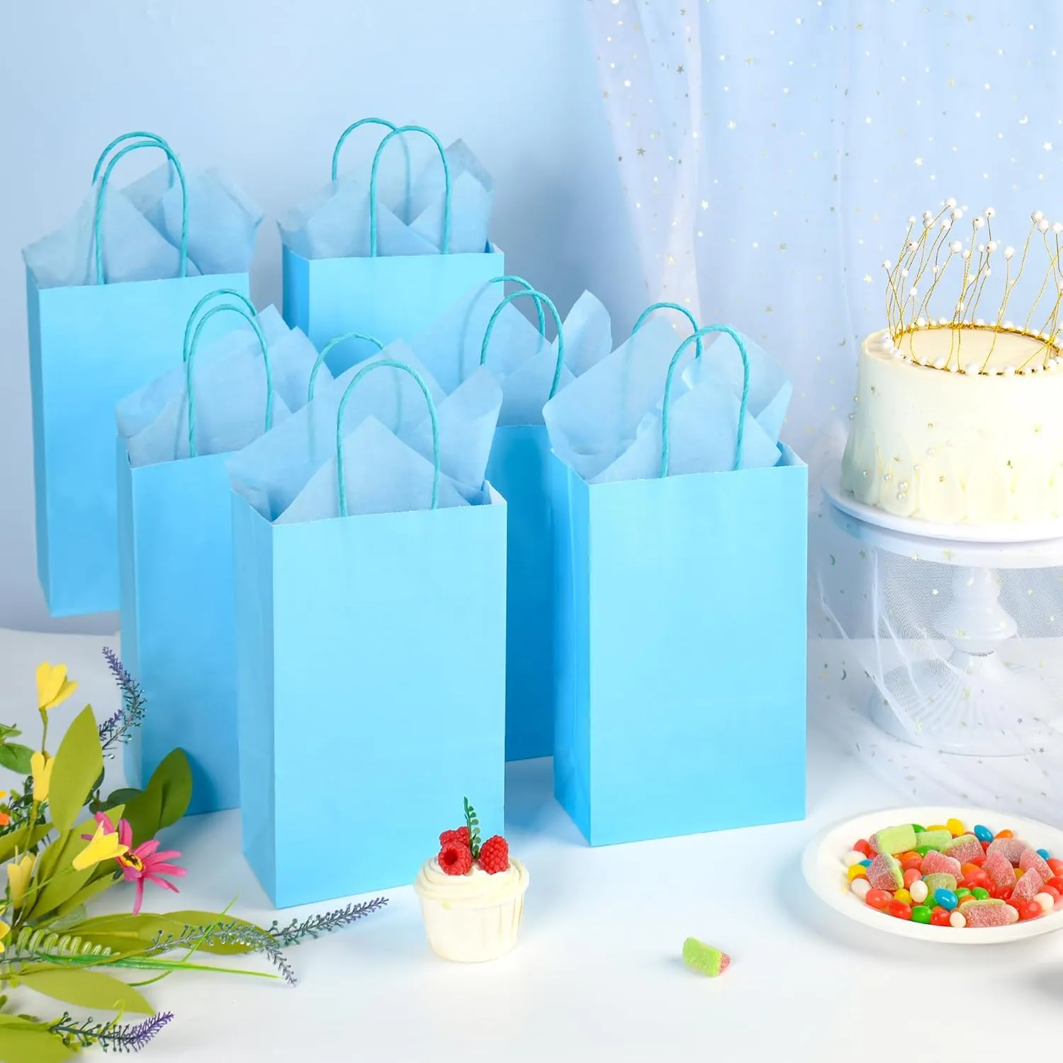 DjinnGlory 24 Pack Small Blue Paper Gift Bags with Handles 9x5.5x3.15 Inch and 24 Tissue Wrapping Paper for Business Birthday Wedding Bridal Baby Shower Party Favors Goodies