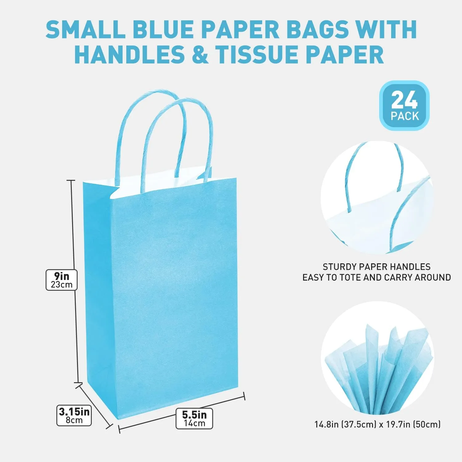 DjinnGlory 24 Pack Small Blue Paper Gift Bags with Handles 9x5.5x3.15 Inch and 24 Tissue Wrapping Paper for Business Birthday Wedding Bridal Baby Shower Party Favors Goodies