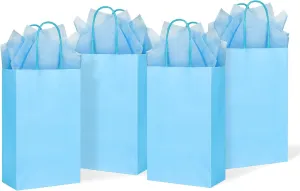 DjinnGlory 24 Pack Small Blue Paper Gift Bags with Handles 9x5.5x3.15 Inch and 24 Tissue Wrapping Paper for Business Birthday Wedding Bridal Baby Shower Party Favors Goodies