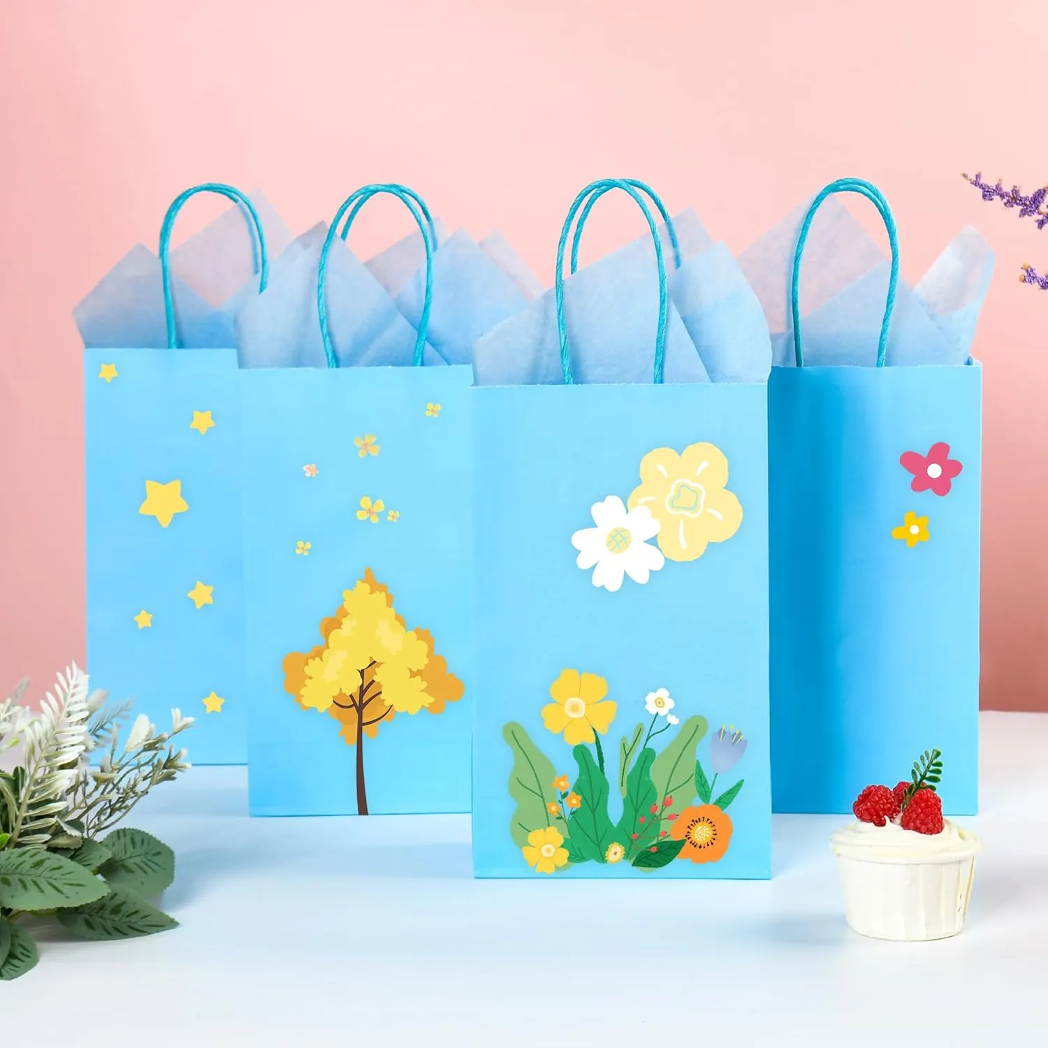 DjinnGlory 24 Pack Small Blue Paper Gift Bags with Handles 9x5.5x3.15 Inch and 24 Tissue Wrapping Paper for Business Birthday Wedding Bridal Baby Shower Party Favors Goodies