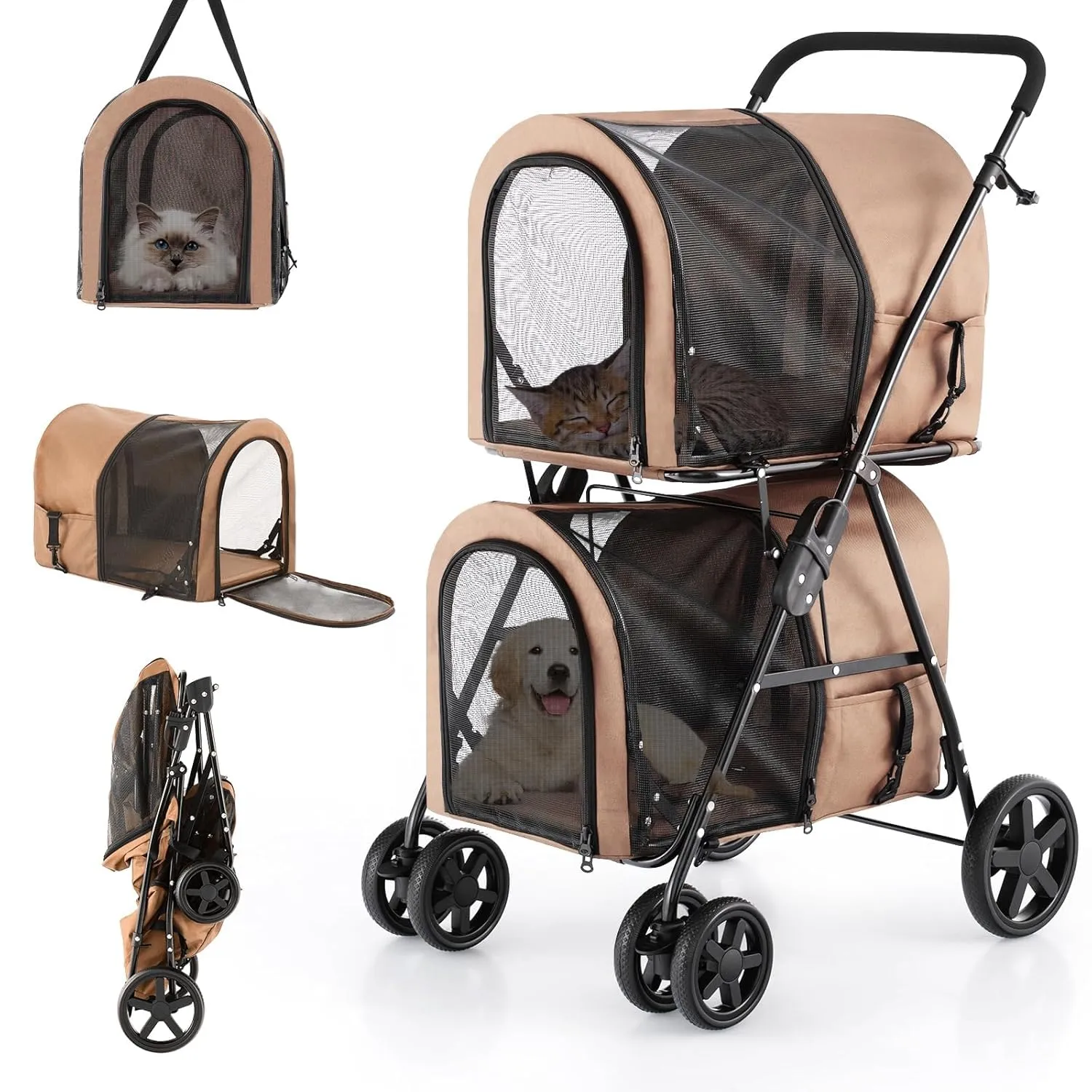Dog Stroller for 2 Dogs, Cat Stroller, Double Layer Pet Carriers, Foldable Cat Carrier with Storage Pocket, Pet Travel Carrier with Universal Front Wheels and Lockable Rear Wheels, Beige