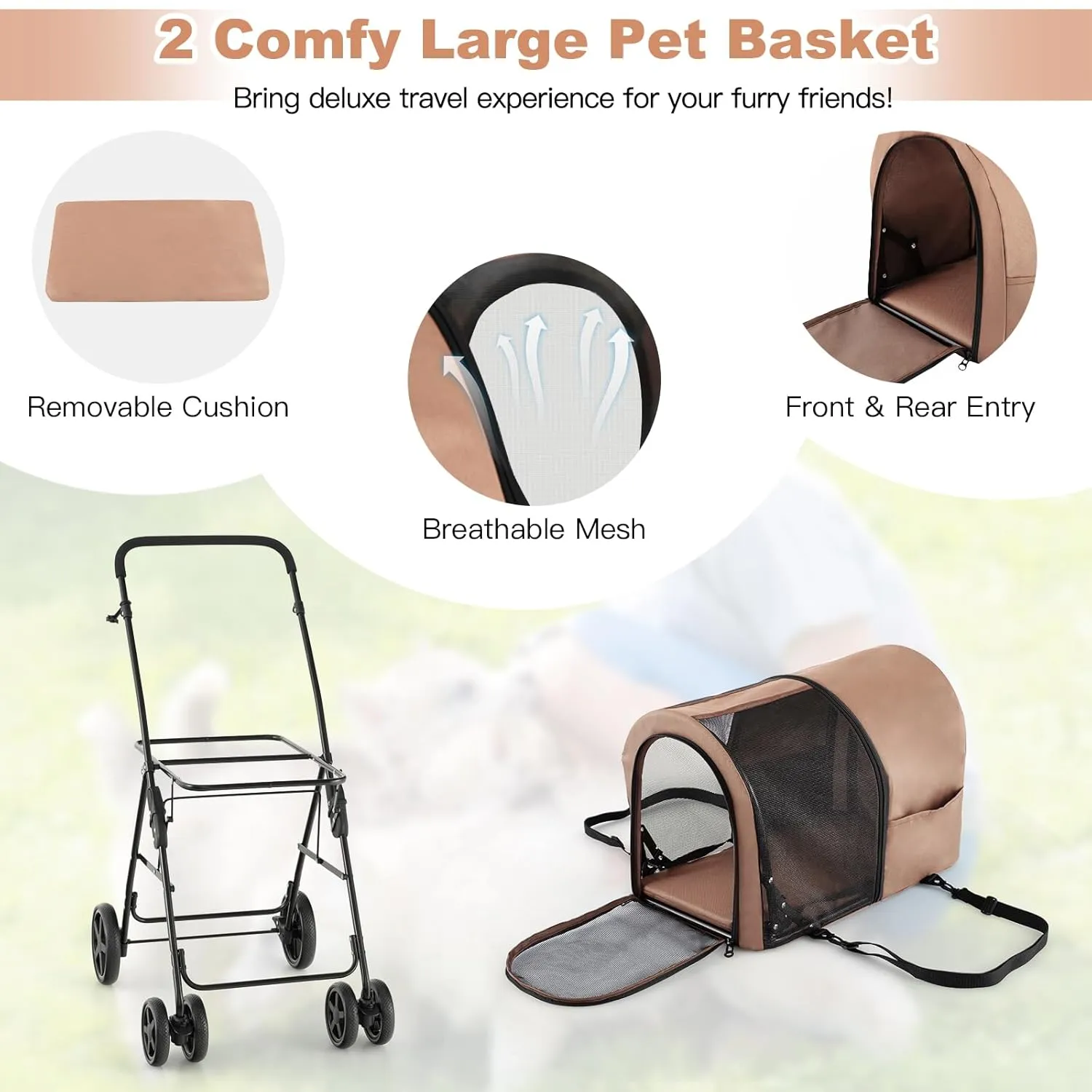 Dog Stroller for 2 Dogs, Cat Stroller, Double Layer Pet Carriers, Foldable Cat Carrier with Storage Pocket, Pet Travel Carrier with Universal Front Wheels and Lockable Rear Wheels, Beige