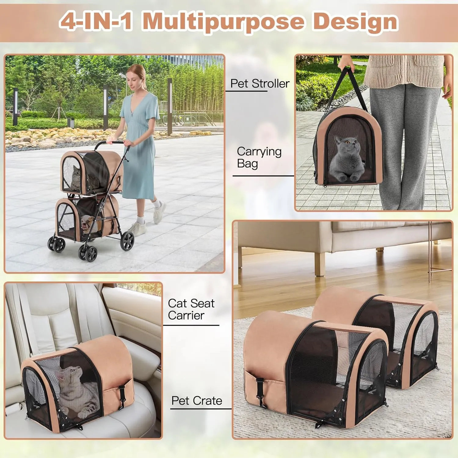 Dog Stroller for 2 Dogs, Cat Stroller, Double Layer Pet Carriers, Foldable Cat Carrier with Storage Pocket, Pet Travel Carrier with Universal Front Wheels and Lockable Rear Wheels, Beige