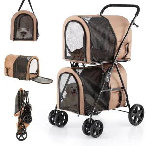 Dog Stroller for 2 Dogs, Cat Stroller, Double Layer Pet Carriers, Foldable Cat Carrier with Storage Pocket, Pet Travel Carrier with Universal Front Wheels and Lockable Rear Wheels, Beige