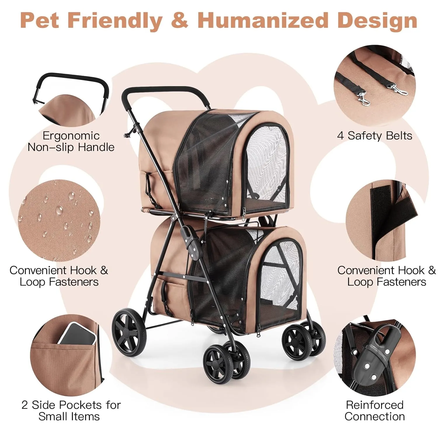 Dog Stroller for 2 Dogs, Cat Stroller, Double Layer Pet Carriers, Foldable Cat Carrier with Storage Pocket, Pet Travel Carrier with Universal Front Wheels and Lockable Rear Wheels, Beige