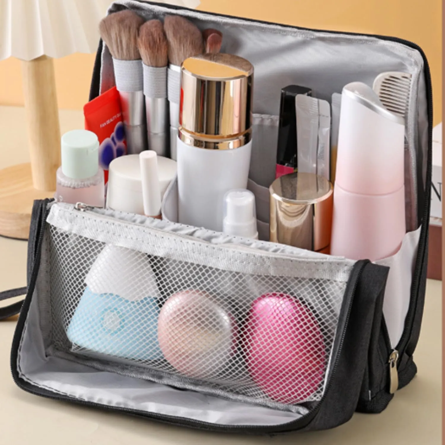 Doresty Makeup Bag, Doresty Standing Makeup Bag, Portable, Large Capacity, Vertical Large Opening Waterproof Multifunctional Stand Up Bags With Compartments (C)