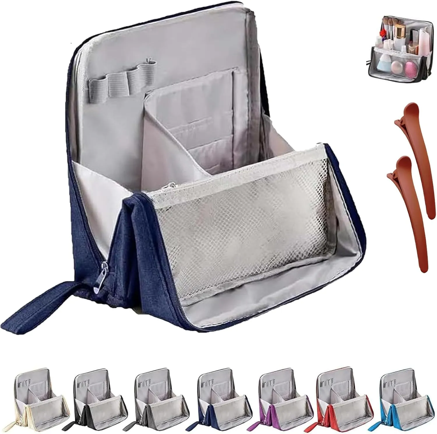 Doresty Makeup Bag, Standing Makeup Bag – Portable, Large Capacity, Waterproof Vertical Office Desktop Storage Bags, Multi-Purpose Large Capacity Oxford Cloth Toiletry Bag, with Compartments (Navy)