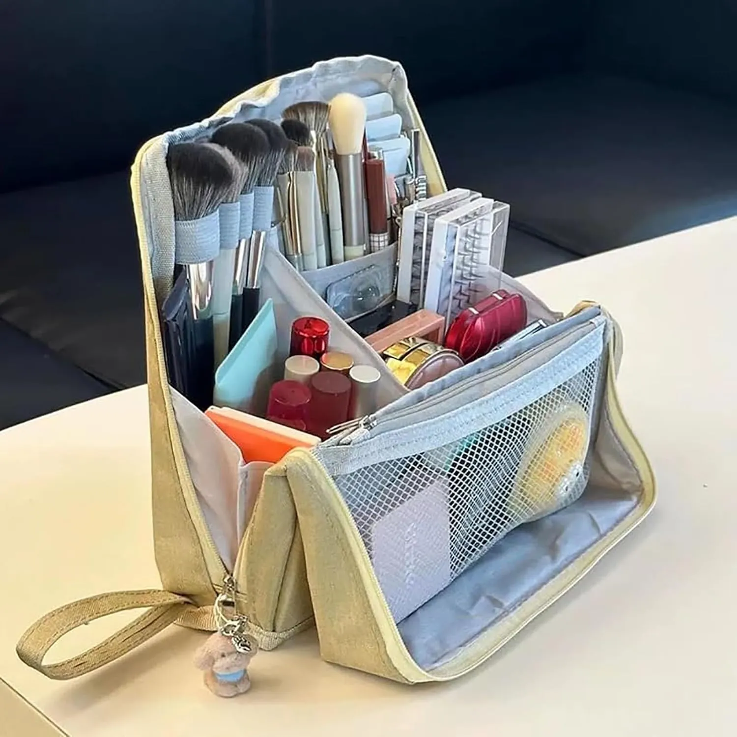 Doresty Makeup Bag, Standing Makeup Bag – Portable, Large Capacity, Waterproof Vertical Office Desktop Storage Bags, Multi-Purpose Large Capacity Oxford Cloth Toiletry Bag, with Compartments (Navy)