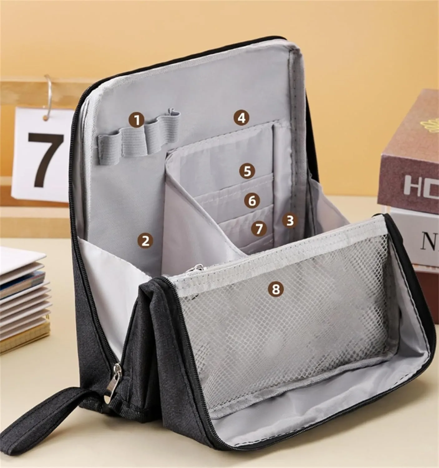 Doresty Standing Makeup Bag, Mysite Standing Makeup Bag Portable, Vertical Makeup Organizer Bag, Large Capacity, Oxford Cloth Storage Bags, Waterproof with Compartments (Gray)