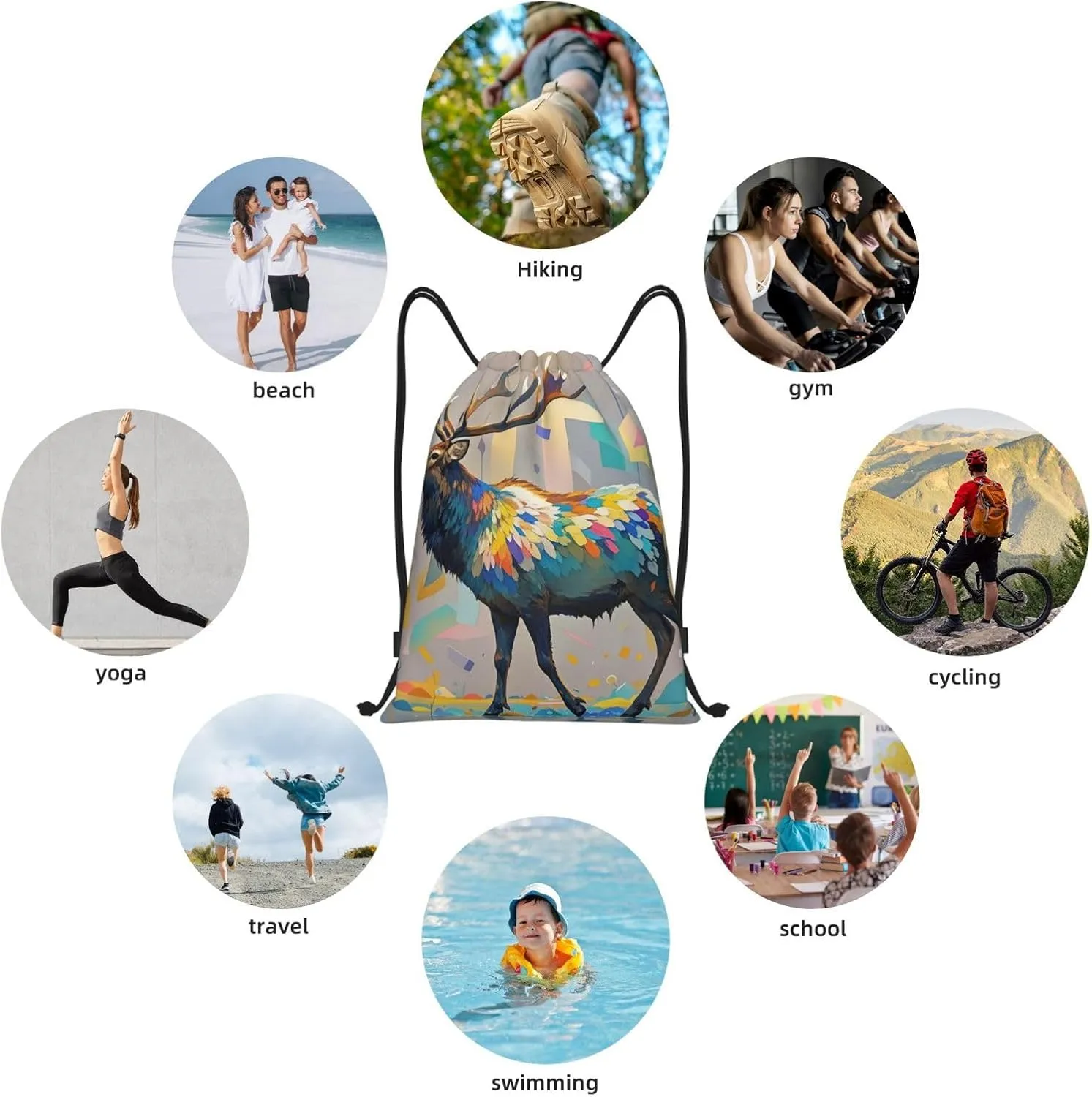 Drawstring Backpack Foldable String Bag Elk Artwork Resistant Sackpack Sports Gym Bag for Shopping Yoga