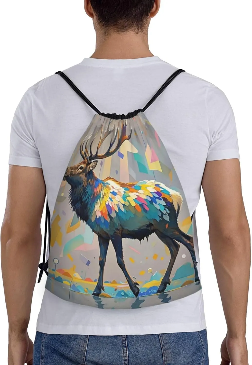 Drawstring Backpack Foldable String Bag Elk Artwork Resistant Sackpack Sports Gym Bag for Shopping Yoga