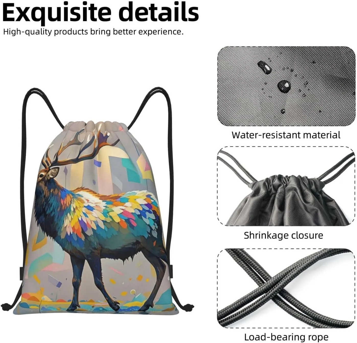 Drawstring Backpack Foldable String Bag Elk Artwork Resistant Sackpack Sports Gym Bag for Shopping Yoga