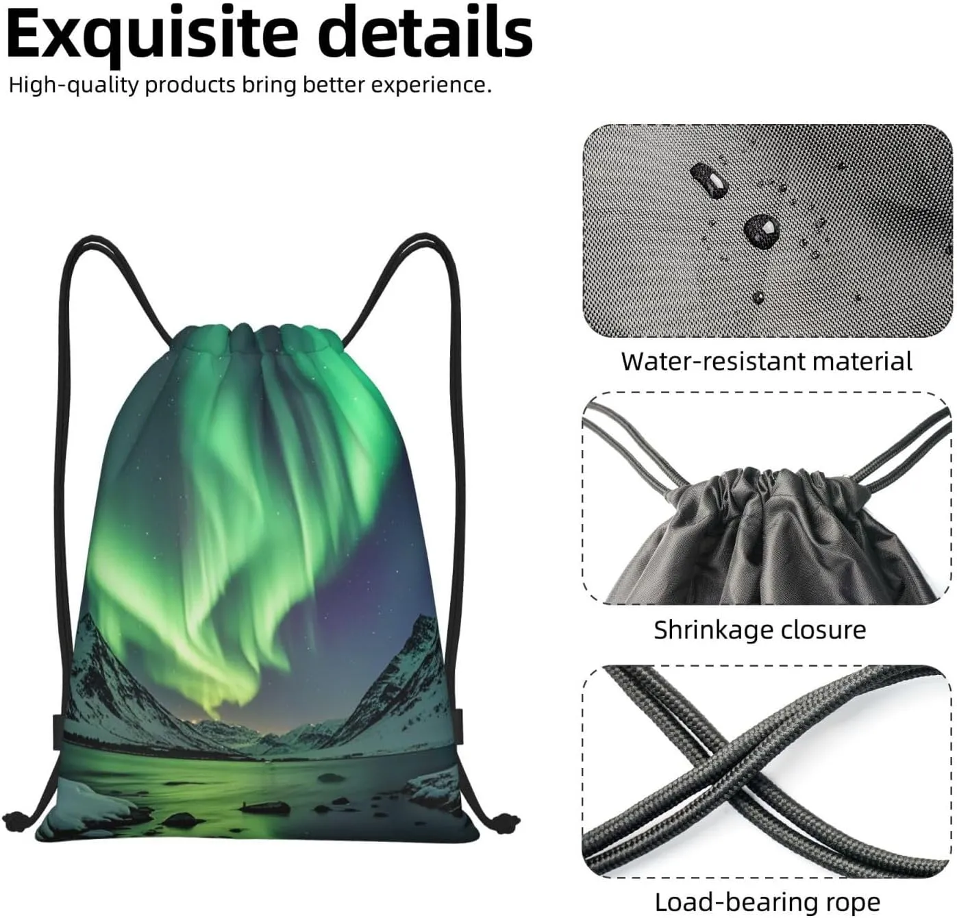 Drawstring Backpack Foldable String Bag Northern Lights Resistant Sackpack Sports Gym Bag for Shopping Yoga
