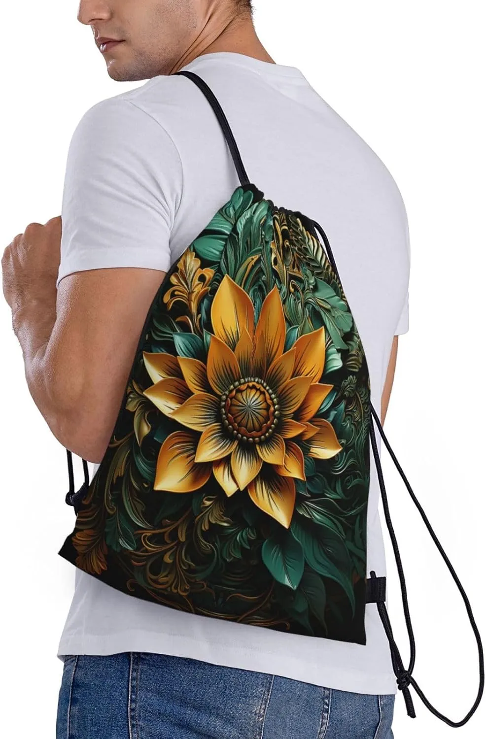 Drawstring Backpack For Men Women Carved Flower String Bag Waterproof Cinch Bag Sports Gym Sackpack Small
