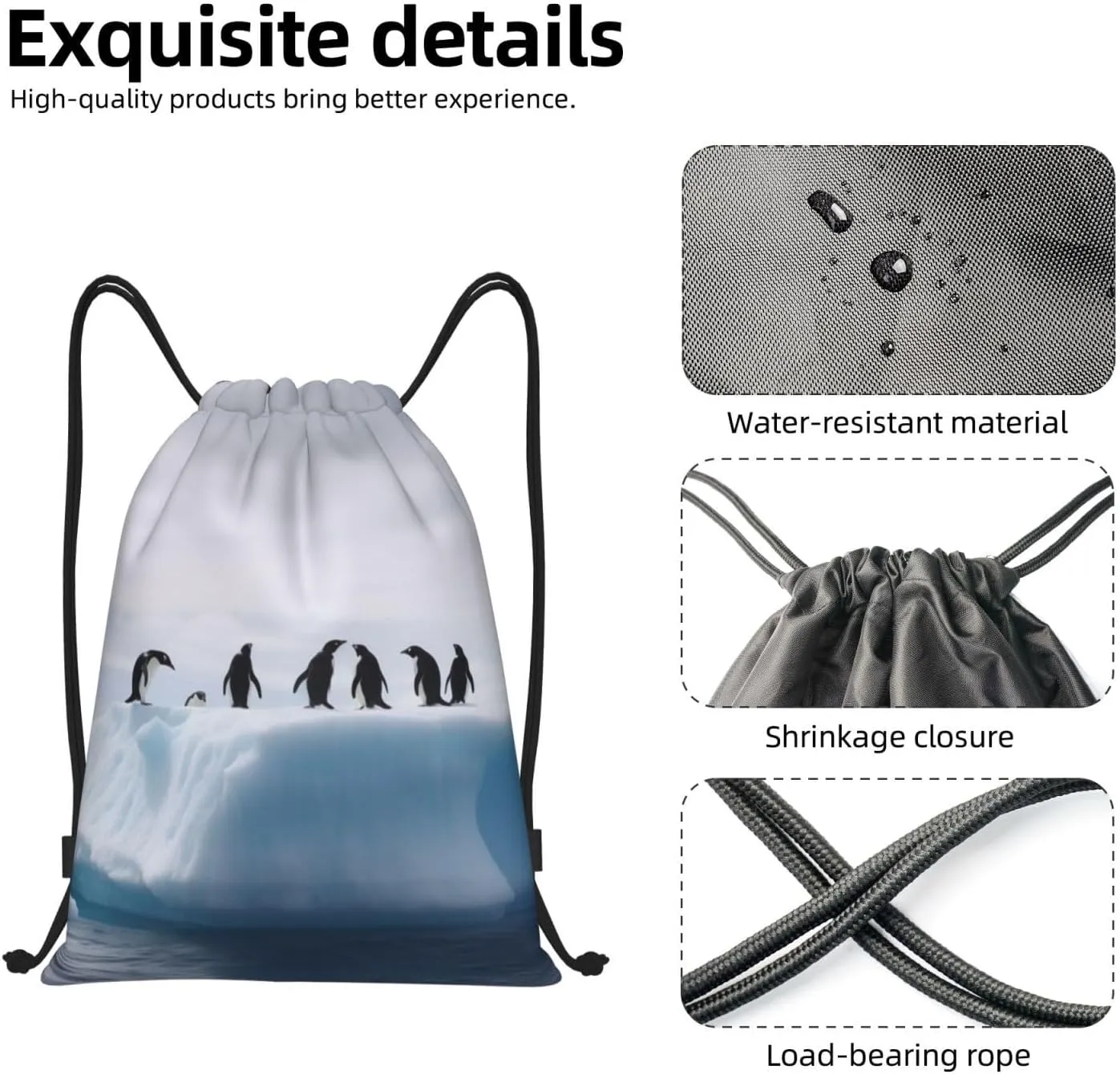 Drawstring Backpack Sackpack Foldable Penguins on the Iceberg Backpack String Bag Sports Gym Bag for Women Men