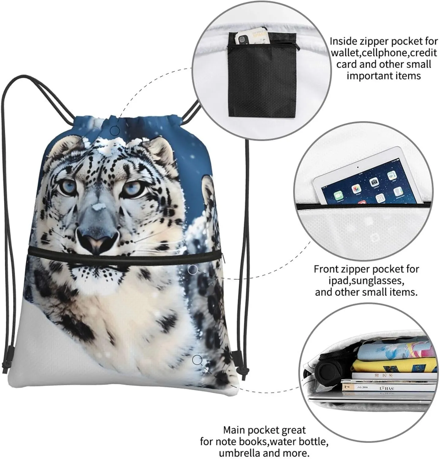 Drawstring Backpack Sports Gym Bags Blue eyed snow leopard Drawstring Bags for Men Women Beach Bag String Bag