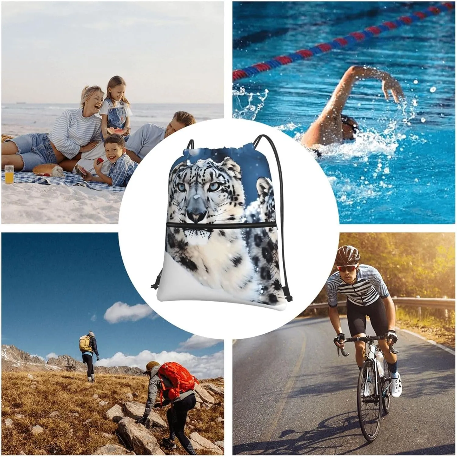 Drawstring Backpack Sports Gym Bags Blue eyed snow leopard Drawstring Bags for Men Women Beach Bag String Bag