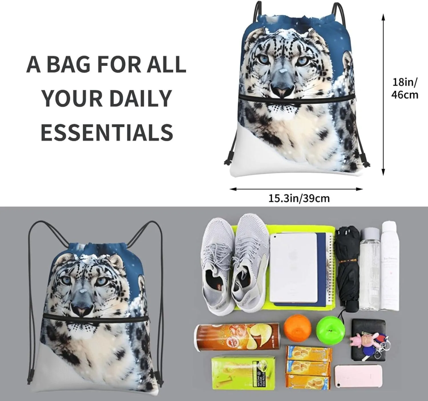 Drawstring Backpack Sports Gym Bags Blue eyed snow leopard Drawstring Bags for Men Women Beach Bag String Bag