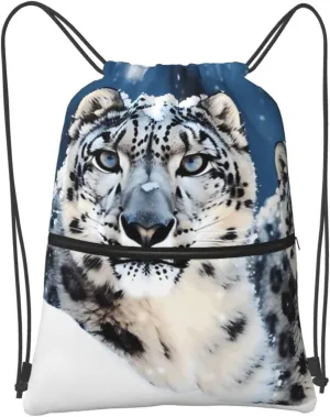 Drawstring Backpack Sports Gym Bags Blue eyed snow leopard Drawstring Bags for Men Women Beach Bag String Bag