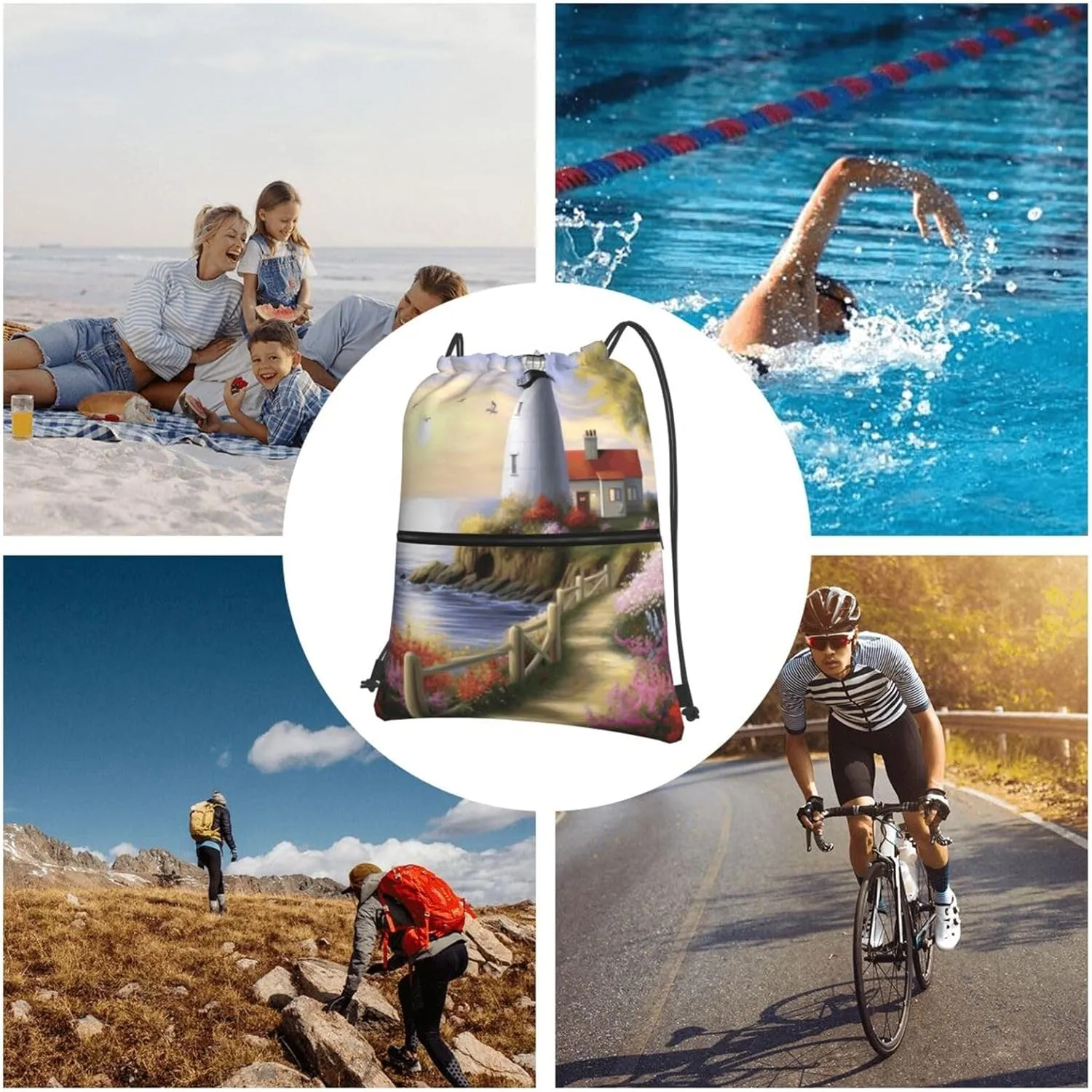 Drawstring Backpack Sports Gym Bags Lighthouse Diamond Painting Drawstring Bags for Men Women Beach Bag String Bag