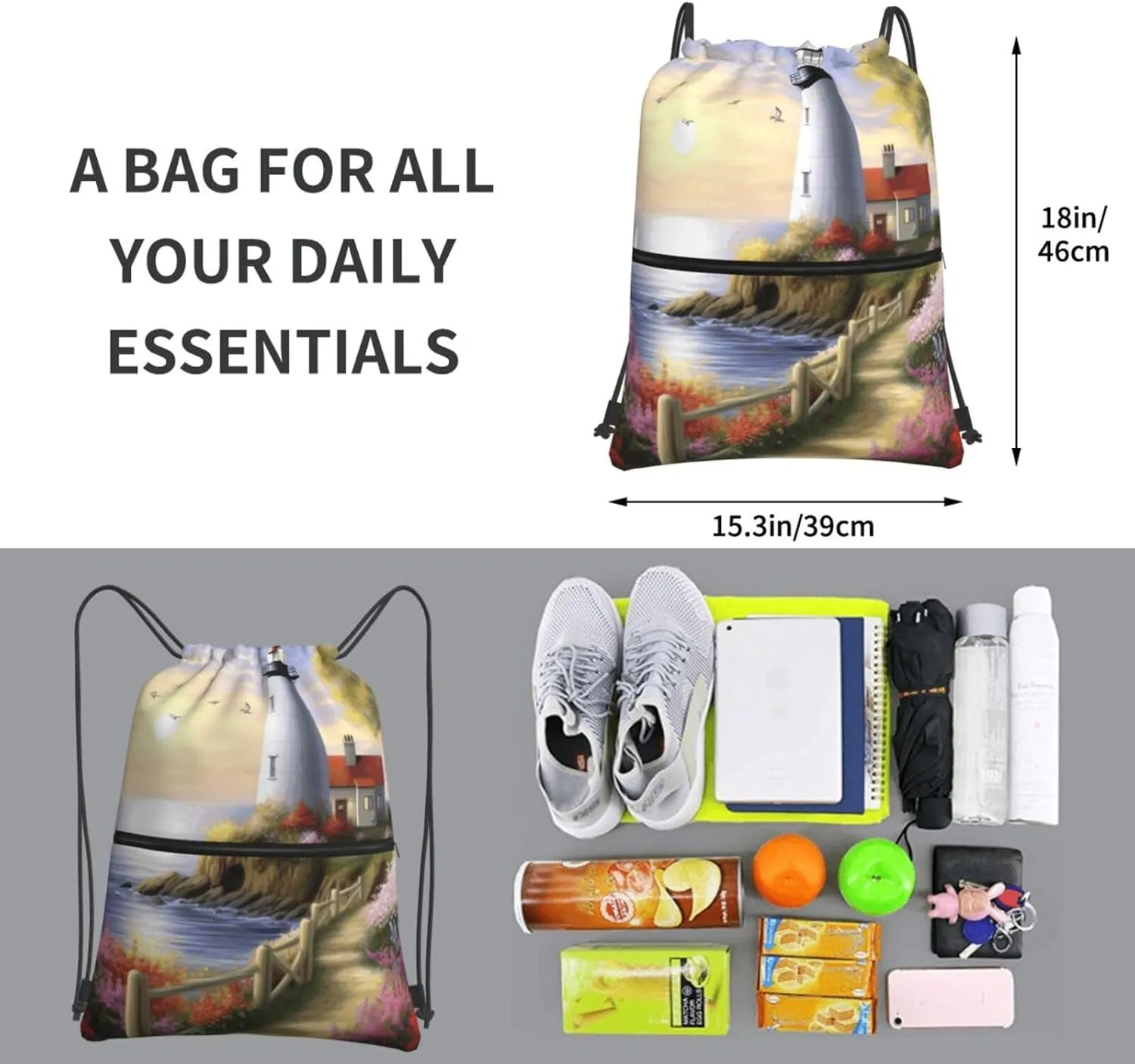 Drawstring Backpack Sports Gym Bags Lighthouse Diamond Painting Drawstring Bags for Men Women Beach Bag String Bag