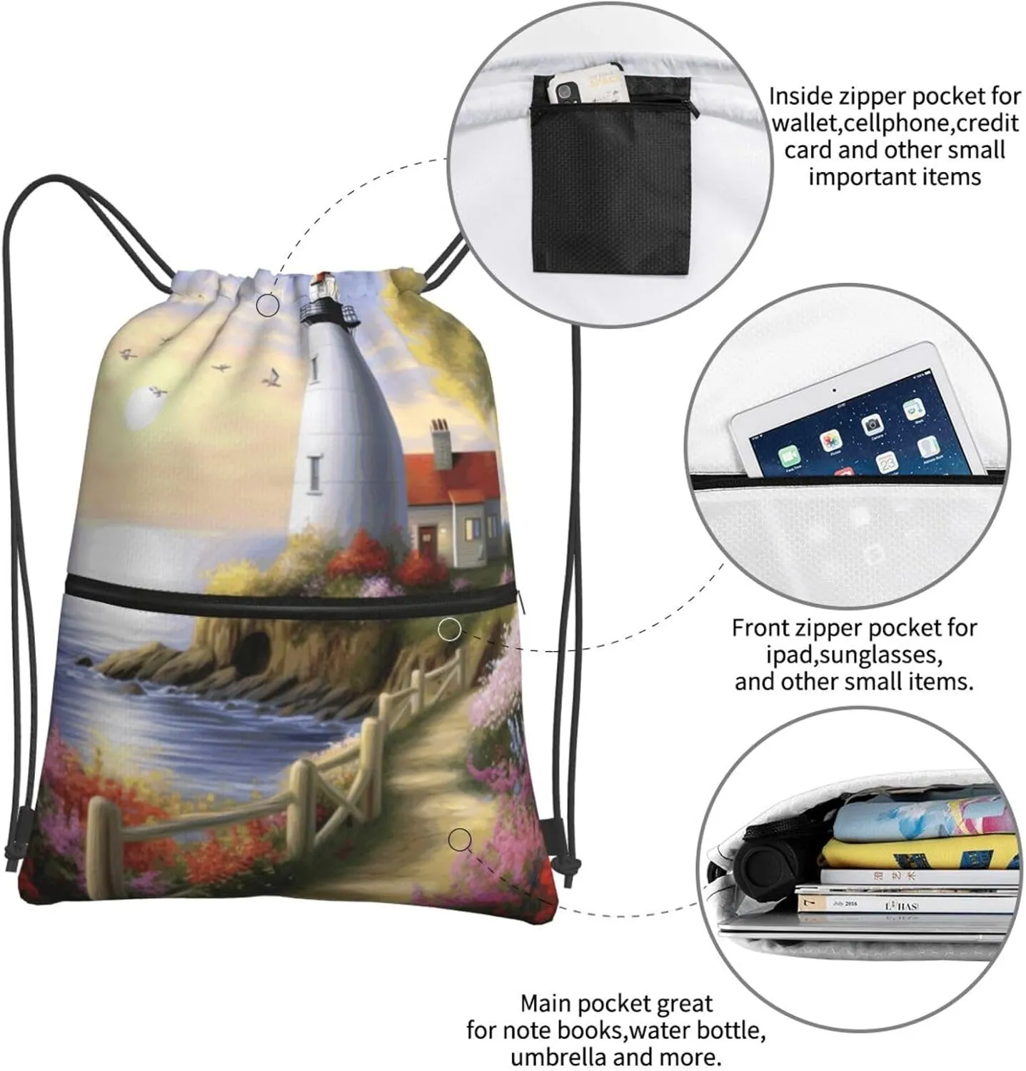 Drawstring Backpack Sports Gym Bags Lighthouse Diamond Painting Drawstring Bags for Men Women Beach Bag String Bag