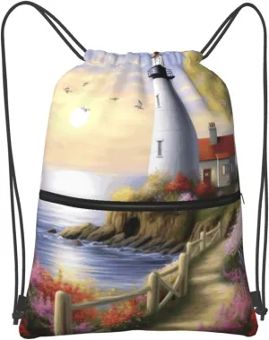 Drawstring Backpack Sports Gym Bags Lighthouse Diamond Painting Drawstring Bags for Men Women Beach Bag String Bag