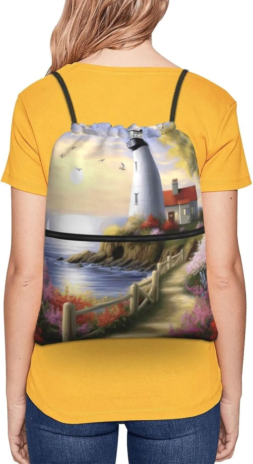 Drawstring Backpack Sports Gym Bags Lighthouse Diamond Painting Drawstring Bags for Men Women Beach Bag String Bag