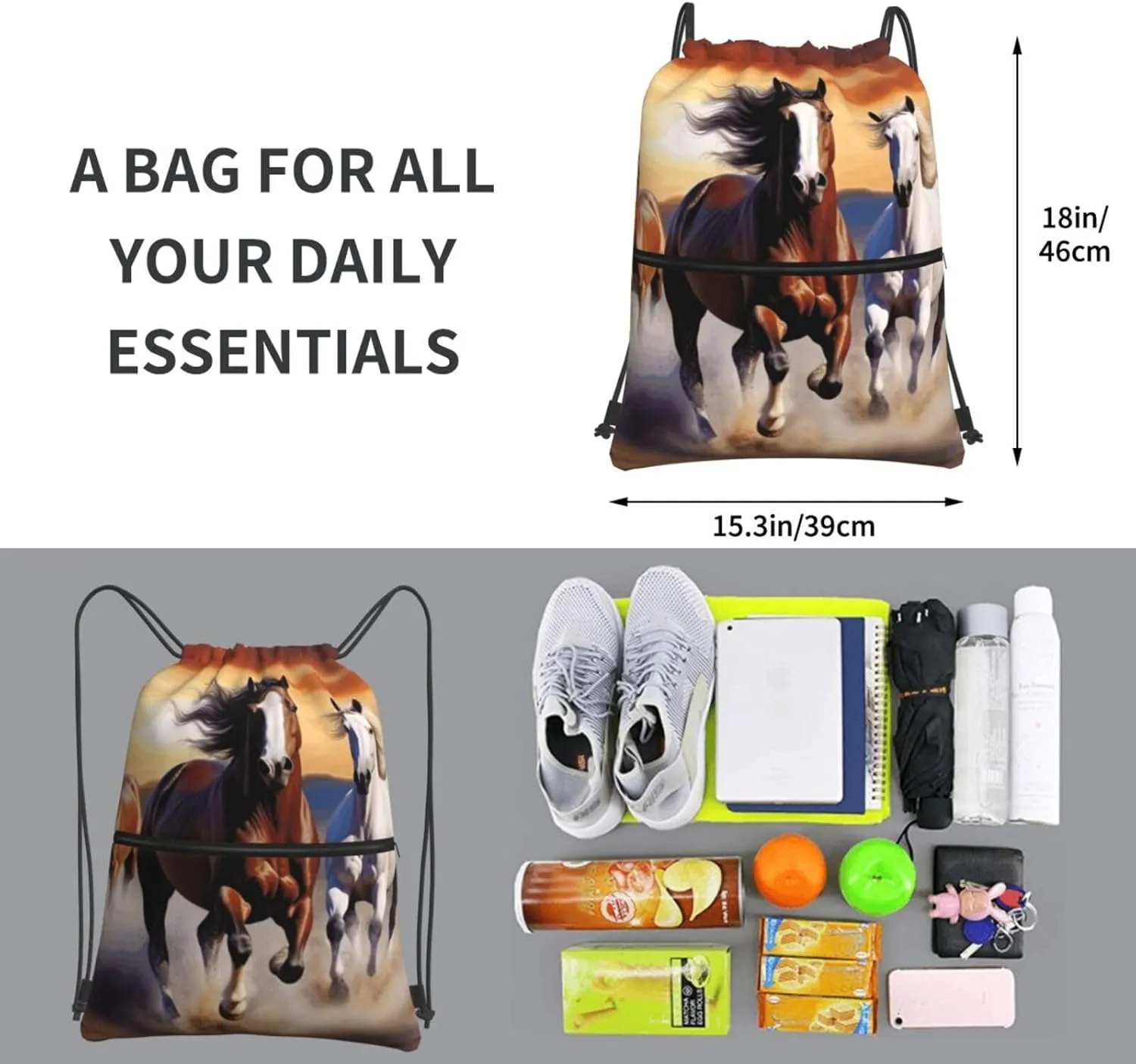 Drawstring Backpack Sports Gym Bags Running Horses Drawstring Bags for Men Women Beach Bag String Bag